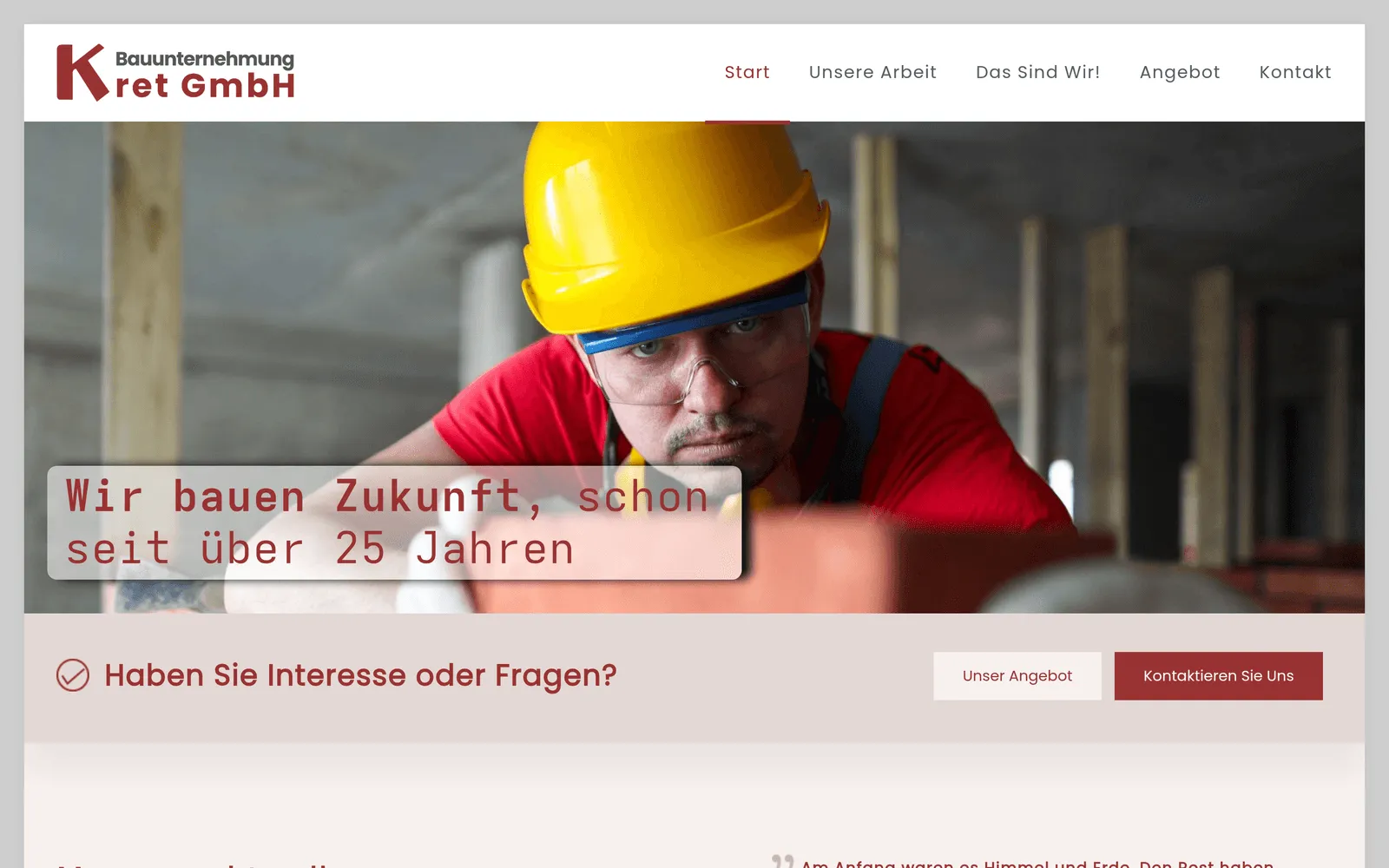 Startseite der Website von Bauunternehmung Kret GmbH